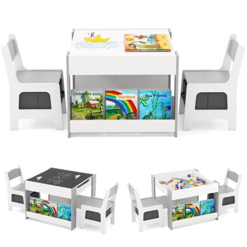 Costway 4-in-1 Kids Table & Chair Set Toddler Wooden Activity Table with Side Bookshelves Beige/Gray