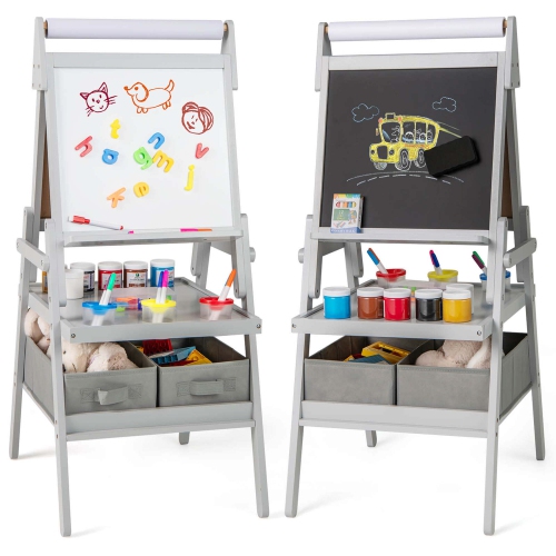 Chevalet d'art 3-en-1 pour enfants avec tableau noir magnétique et rouleau de papier blanc gris/blanc/rose/vert de Costway