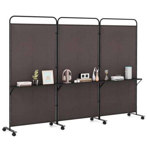Costway 3-Panel Room Divider with Storage Shelves 6FT Tall Folding Privacy Screen on Wheels Black/White/Gray/Brown