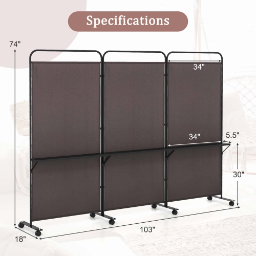 Costway 3-Panel Room Divider with Storage Shelves 6FT Tall Folding Privacy Screen on Wheels Black/White/Gray/Brown
