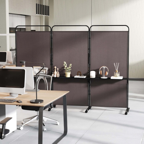 Costway 3-Panel Room Divider with Storage Shelves 6FT Tall Folding Privacy Screen on Wheels Black/White/Gray/Brown