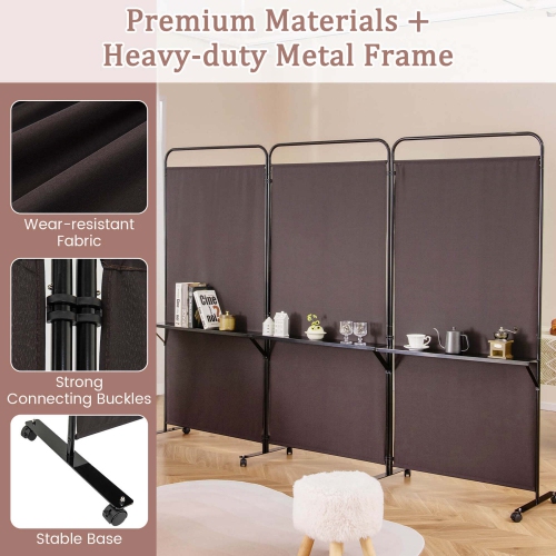Costway 3-Panel Room Divider with Storage Shelves 6FT Tall Folding Privacy Screen on Wheels Black/White/Gray/Brown