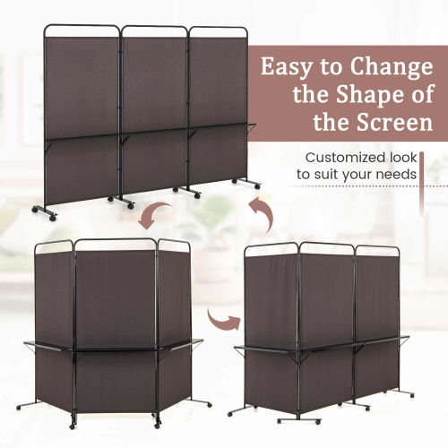 Costway 3-Panel Room Divider with Storage Shelves 6FT Tall Folding Privacy Screen on Wheels Black/White/Gray/Brown