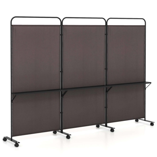Costway 3-Panel Room Divider with Storage Shelves 6FT Tall Folding Privacy Screen on Wheels Black/White/Gray/Brown