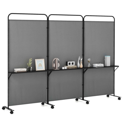 Costway 3-Panel Room Divider with Storage Shelves 6FT Tall Folding Privacy Screen on Wheels Black/White/Gray/Brown