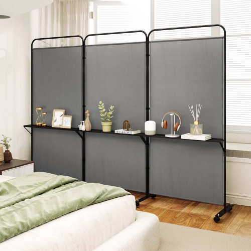 Costway 3-Panel Room Divider with Storage Shelves 6FT Tall Folding Privacy Screen on Wheels Black/White/Gray/Brown