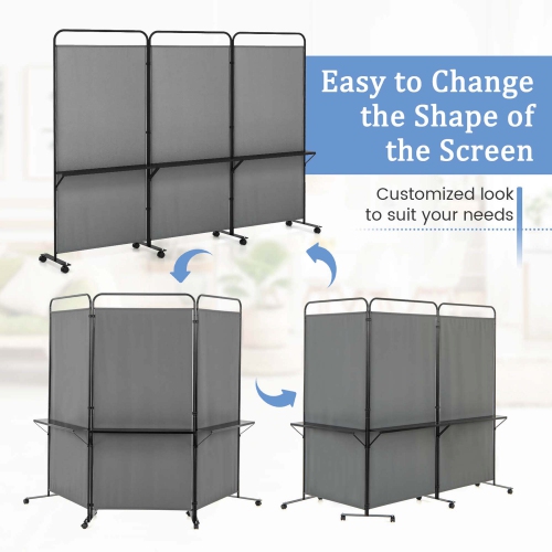 Costway 3-Panel Room Divider with Storage Shelves 6FT Tall Folding Privacy Screen on Wheels Black/White/Gray/Brown