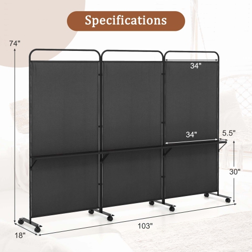 Costway 3-Panel Room Divider with Storage Shelves 6FT Tall Folding Privacy Screen on Wheels Black/White/Gray/Brown