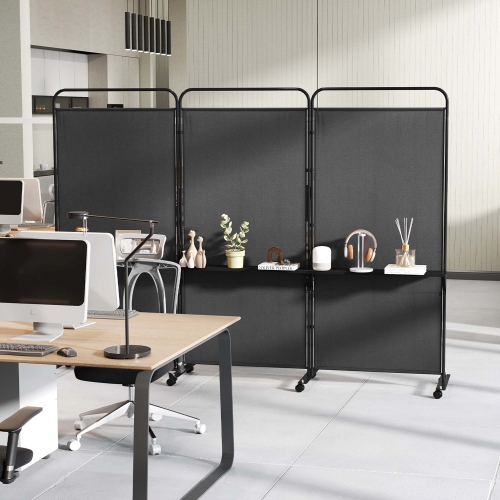 Costway 3-Panel Room Divider with Storage Shelves 6FT Tall Folding Privacy Screen on Wheels Black/White/Gray/Brown