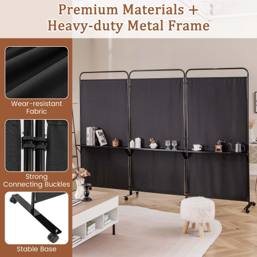 Costway 3-Panel Room Divider with Storage Shelves 6FT Tall Folding Privacy Screen on Wheels Black/White/Gray/Brown
