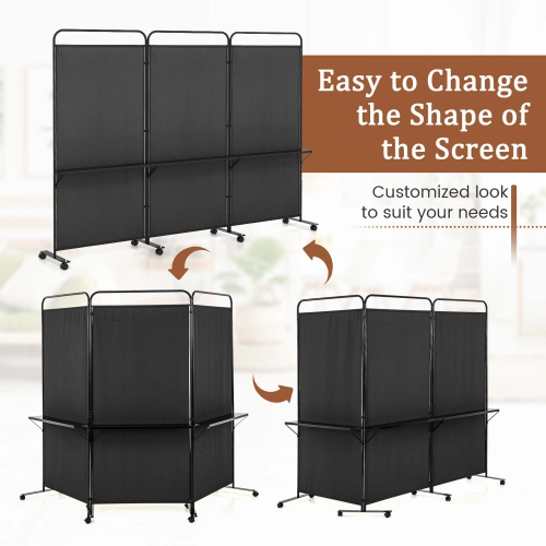 Costway 3-Panel Room Divider with Storage Shelves 6FT Tall Folding Privacy Screen on Wheels Black/White/Gray/Brown
