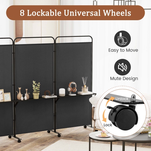 Costway 3-Panel Room Divider with Storage Shelves 6FT Tall Folding Privacy Screen on Wheels Black/White/Gray/Brown