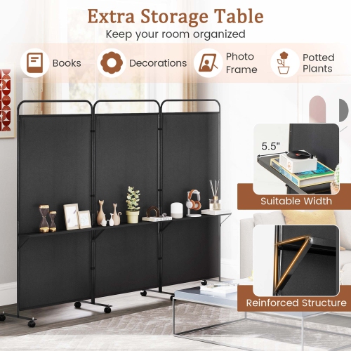 Costway 3-Panel Room Divider with Storage Shelves 6FT Tall Folding Privacy Screen on Wheels Black/White/Gray/Brown