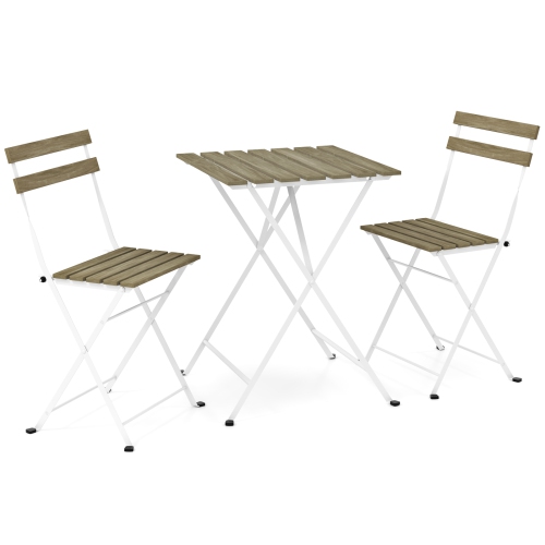 Costway 3 PCS Patio Acacia Wood Bistro Set Bistro Table with 2 Folding Chairs Slatted Seat Brown/Gray