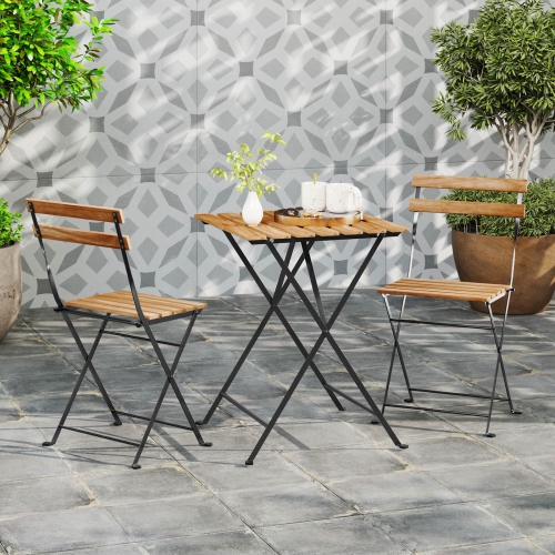 Costway 3 PCS Patio Acacia Wood Bistro Set Bistro Table with 2 Folding Chairs Slatted Seat Brown/Gray
