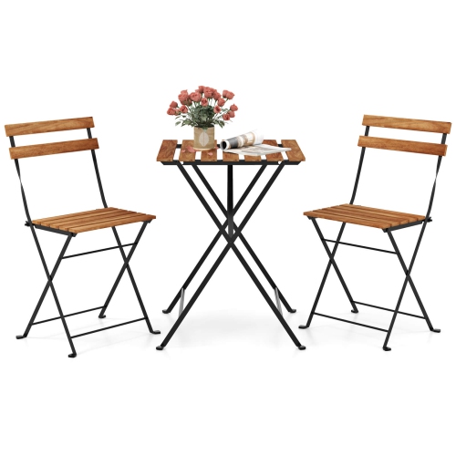 Costway 3 PCS Patio Acacia Wood Bistro Set Bistro Table with 2 Folding Chairs Slatted Seat Brown/Gray