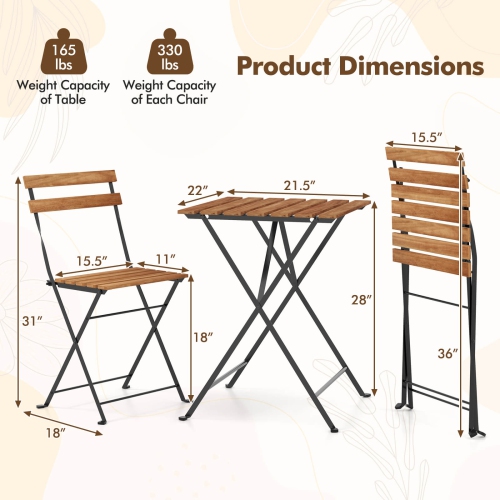 Costway 3 PCS Patio Acacia Wood Bistro Set Bistro Table with 2 Folding Chairs Slatted Seat Brown/Gray