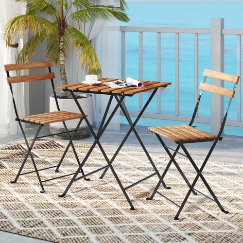 Costway 3 PCS Patio Acacia Wood Bistro Set Bistro Table with 2 Folding Chairs Slatted Seat Brown/Gray