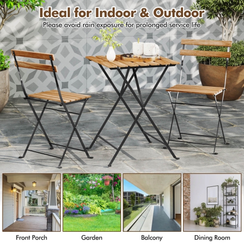 Costway 3 PCS Patio Acacia Wood Bistro Set Bistro Table with 2 Folding Chairs Slatted Seat Brown/Gray