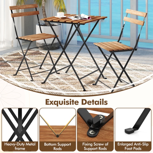 Costway 3 PCS Patio Acacia Wood Bistro Set Bistro Table with 2 Folding Chairs Slatted Seat Brown/Gray