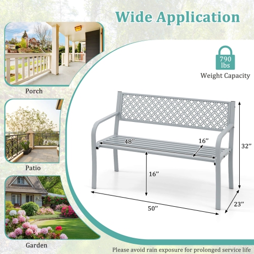 Costway 50" Outdoor Garden Bench with Geometric Lattice Backrest Armrests and Slatted Seat Black/Gray