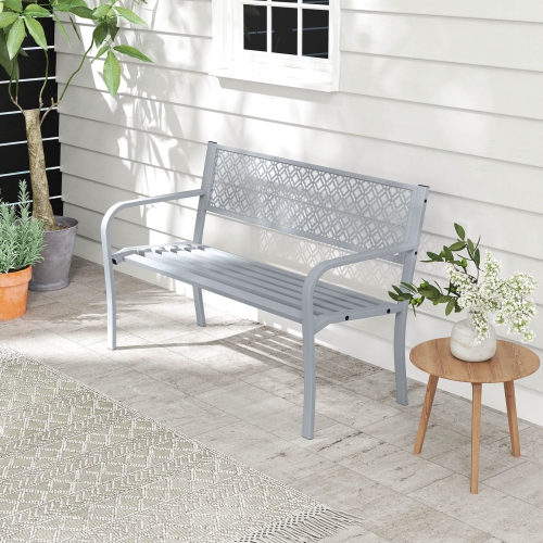 Costway 50" Outdoor Garden Bench with Geometric Lattice Backrest Armrests and Slatted Seat Black/Gray
