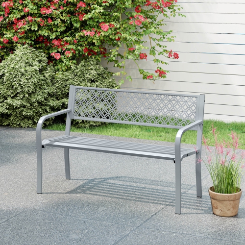 Costway 50" Outdoor Garden Bench with Geometric Lattice Backrest Armrests and Slatted Seat Black/Gray