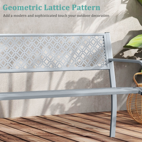 Costway 50" Outdoor Garden Bench with Geometric Lattice Backrest Armrests and Slatted Seat Black/Gray