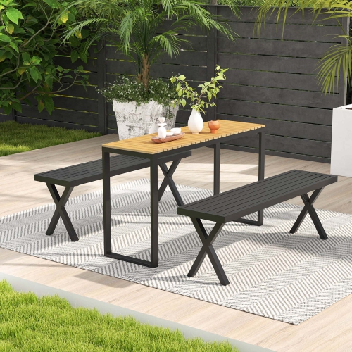 Costway 1/2 PCS 54" Patio Metal Bench with Slatted Seat & X Legs Backless Loveseat for Yard
