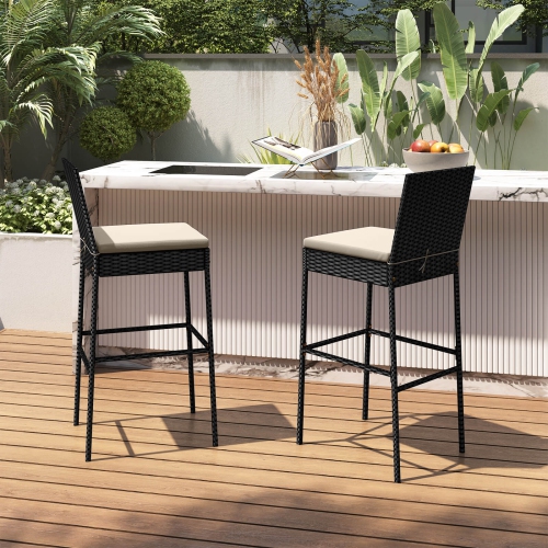 Tabourets de bar de patio en osier 4 PCS de Costway – Chaises de bar avec coussins – Blanc cassé