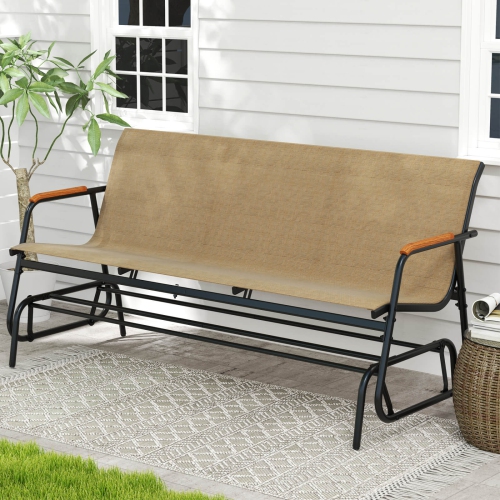 Costway Patio Glider Bench for 3 Swing Gliding Loveseat with Curved Teak Armrests for Porch
