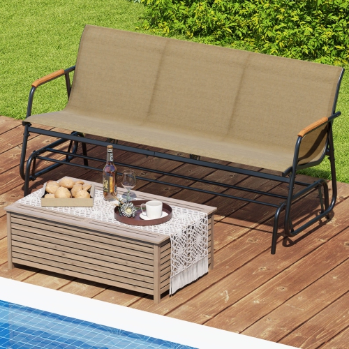 Costway Patio Glider Bench for 3 Swing Gliding Loveseat with Curved Teak Armrests for Porch