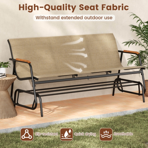 Costway Patio Glider Bench for 3 Swing Gliding Loveseat with Curved Teak Armrests for Porch