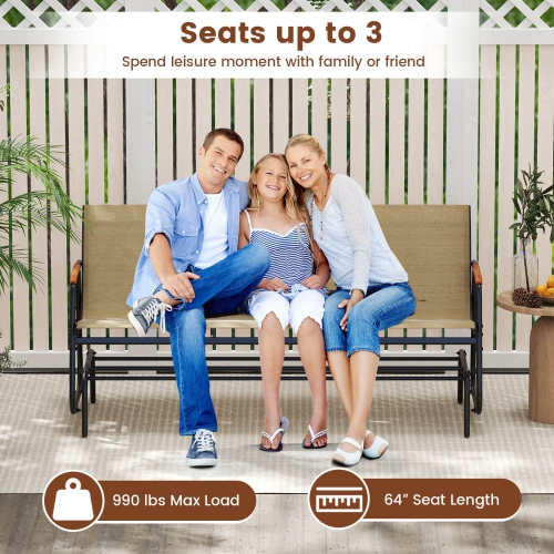 Costway Patio Glider Bench for 3 Swing Gliding Loveseat with Curved Teak Armrests for Porch