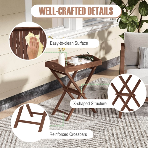Costway 1/2 PCS Solid Teak Wood Tray Table 28" High Folding Table with Removable Tray Top