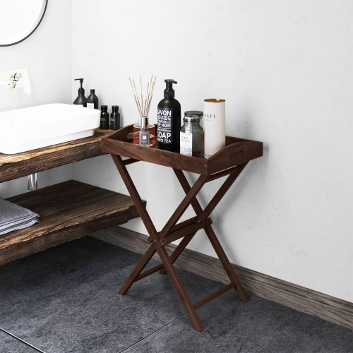 Costway 1/2 PCS Solid Teak Wood Tray Table 28" High Folding Table with Removable Tray Top