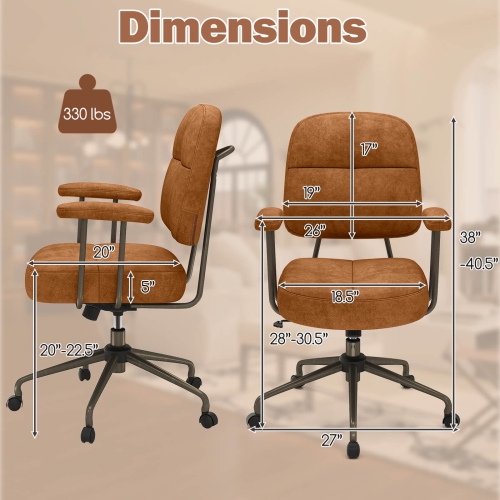 Chaise de bureau à revêtement en cuir/chenille de Costway, dossier rembourré et accoudoirs Brun/Beige