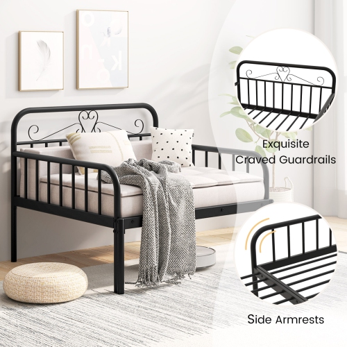 Costway Metal Daybed Extendable Daybed to Twin Size Bed Heavy Duty Slats Support Sofa Bed Black/White