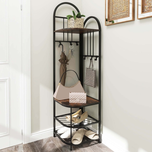 Portemanteau en coin à 4 niveaux avec banc de rangement pour chaussures de Costway 6 crochets amovibles Brun/Naturel/Blanc