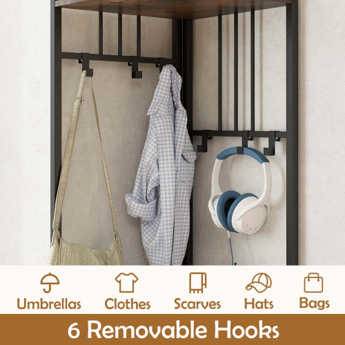 Portemanteau en coin à 4 niveaux avec banc de rangement pour chaussures de Costway 6 crochets amovibles Brun/Naturel/Blanc