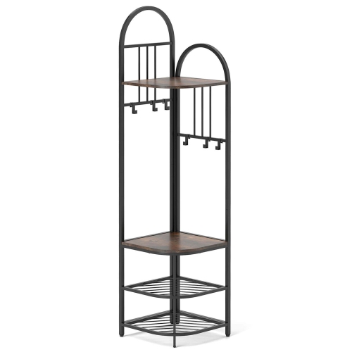 Portemanteau en coin à 4 niveaux avec banc de rangement pour chaussures de Costway 6 crochets amovibles Brun/Naturel/Blanc