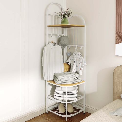 Portemanteau en coin à 4 niveaux avec banc de rangement pour chaussures de Costway 6 crochets amovibles Brun/Naturel/Blanc