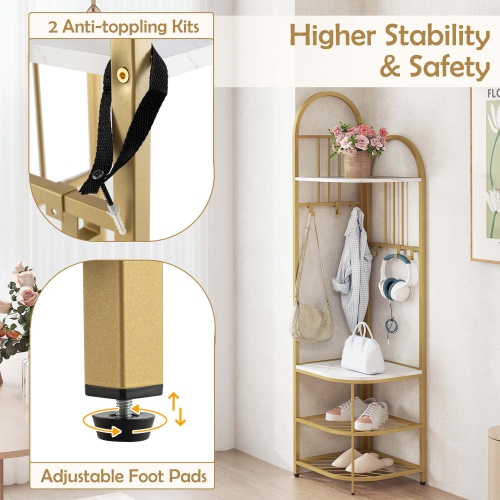 Portemanteau en coin à 4 niveaux avec banc de rangement pour chaussures de Costway 6 crochets amovibles Brun/Naturel/Blanc