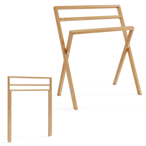 COSTWAY  Freestanding Towel Rack Foldable Teak Wood Blanket Holder With 3 Hanging Crossbars