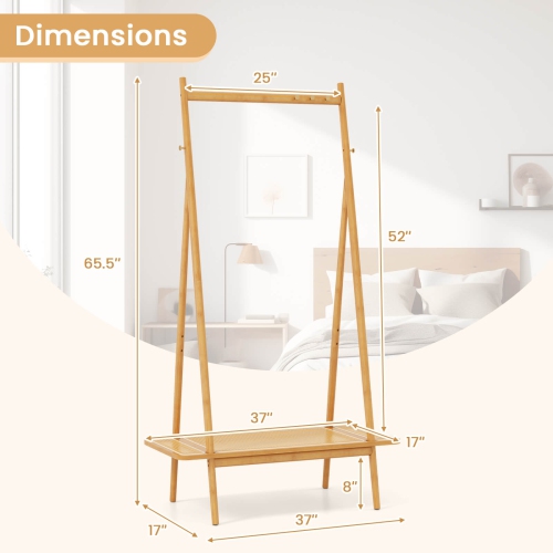Support à vêtements en bambou de Costway avec tringle suspendue en rotin tablette et 5 crochets en cuivre café/naturel