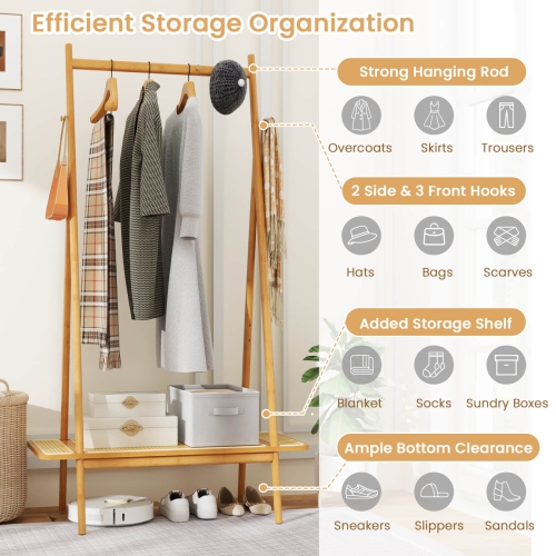 Support à vêtements en bambou de Costway avec tringle suspendue en rotin tablette et 5 crochets en cuivre café/naturel