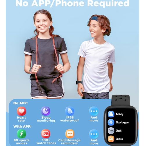 BIGGERFIVE Smart Watch for Kids, 1.8" Fitness Tracker Watch Pedometer, Heart Rate, Sleep Monitor, IP68 Waterproof, Calorie Step Counter, Puzzle Games