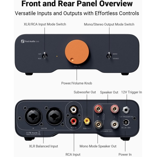 Fosi Audio ZA3 Balanced Stereo or Mono Amplifier Home Mini Desktop Audio w/ TPA3255 Chip & Subwoofer Preamp Out & 48V Power Supply