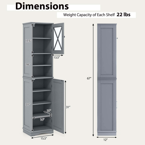 Costway 67" Tall Bathroom Cabinet Freestanding Storage Cabinet with 5 Adjustable Shelves Black/Gray/White