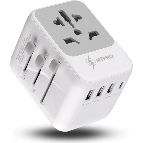 NTPRO Universal Travel Adapter – High Capacity 10A Fast Charging with 4USB 3A & 1C – International Plug for 160+ Countries, White